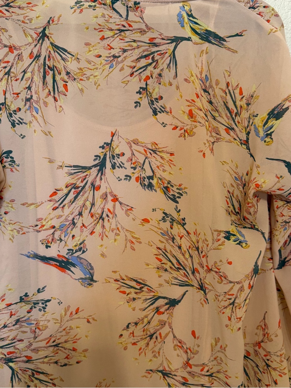 Democracy Pink/Peach Floral Bird Print Long Sleeve Two Piece Blouse Top Medium - Picture 8 of 14